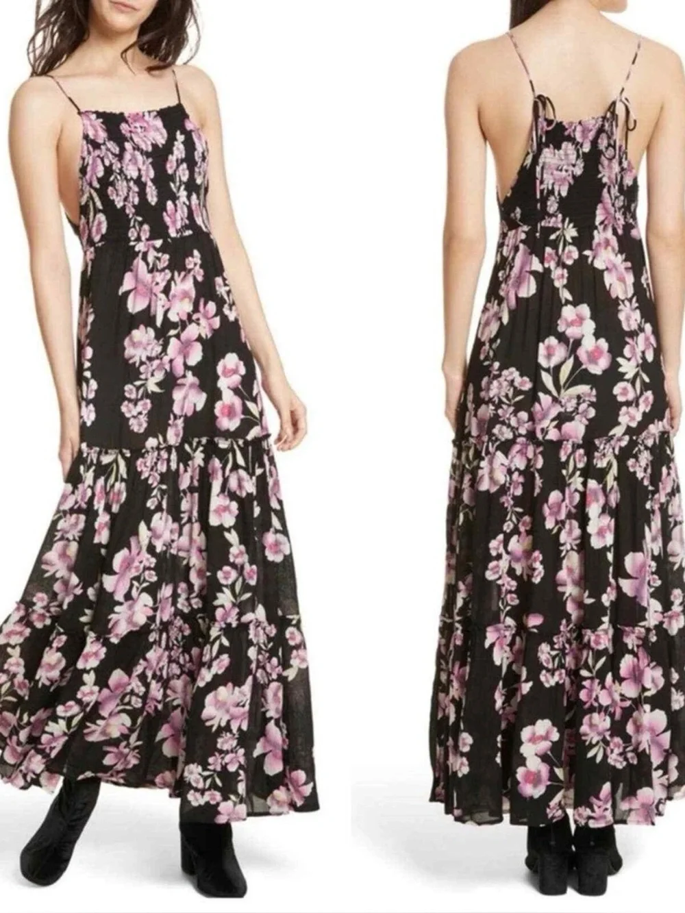 Free People Garden Party Floral Smocked Maxi Dress Black Medium
